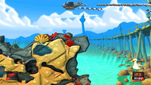 Od tej pory wszystkie ruchy wykonujemy jednym robalem (tym, który dostał się na górę) dzięki stosowaniu Wyboru robala - Ahoj, nadchodzi ból! | Plaża (Kampania) | Worms Revolution - Worms: Revolution - poradnik do gry