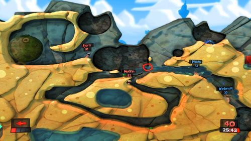 Istnieje spore prawdopodobieństwo, iż wrogowie teleportują się tak, że będziemy mogli ich zepchnąć przy pomocy Pistoletu na wodę do dziury powstałej w wyniku eksplozji Miny z ruchu opisanego pod poprzednią ilustracją - Piasek i zniszczenie | Plaża (Kampania) | Worms Revolution - Worms: Revolution - poradnik do gry