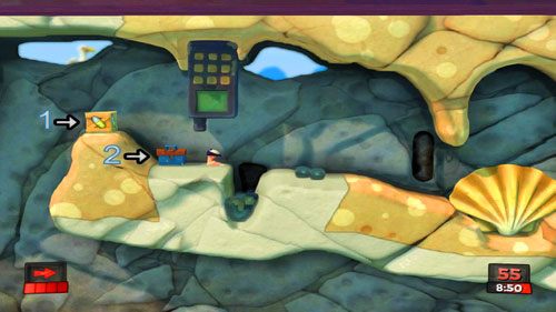 Gdy tego dokonamy, dochodzimy do dwóch skrzynek - Boss - Kapitan Trap | Plaża (Kampania) | Worms Revolution - Worms: Revolution - poradnik do gry