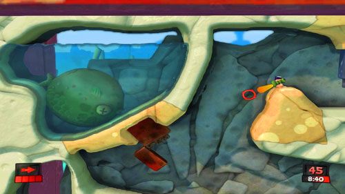 Odpowiednio mierząc i wyznaczając dużą siłę ognia, niszczymy zapalniczkę za pomocą Bazooki [ilustracja] - Boss - Kapitan Trap | Plaża (Kampania) | Worms Revolution - Worms: Revolution - poradnik do gry