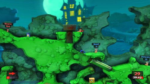 Pierwszy ruch wykorzystajmy na zrzucenie Dynamitu obok Smarka tak, by wyrzuciło go w prawo - Walka o wpływy | Strach (Kampania) | Worms Revolution - Worms: Revolution - poradnik do gry