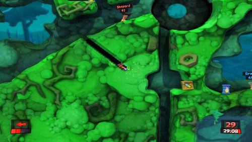 Przy pomocy robali znajdujących się na półkach skalnych (najlepiej by byli to Strażnicy), pozbywamy się dwóch stojących nad krawędzią robali (zastosujmy Mobilizator, Kij bejsbolowy, Ogniste uderzenie itp - Impreza w ogrodzie | Strach (Kampania) | Worms Revolution - Worms: Revolution - poradnik do gry