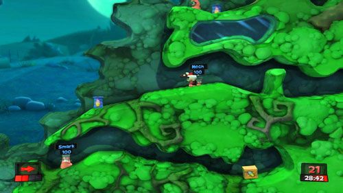 Drugą turę warto wykonać Zwiadowcą, gdyż tylko on będzie w stanie zdobyć interesującą nas skrzynkę - Nawiedzone wzgórze | Strach (Kampania) | Worms Revolution - Worms: Revolution - poradnik do gry