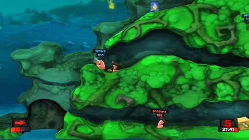 Kolejny robalem, korzystając z Plecaka odrzutowego, dostajemy się do jaskini powyżej parteru - Nawiedzone wzgórze | Strach (Kampania) | Worms Revolution - Worms: Revolution - poradnik do gry