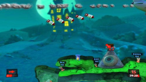 Pamiętajmy, by nie zostawiać żadnego z robali na małej wyspie po lewej - Nawiedzone wzgórze | Strach (Kampania) | Worms Revolution - Worms: Revolution - poradnik do gry