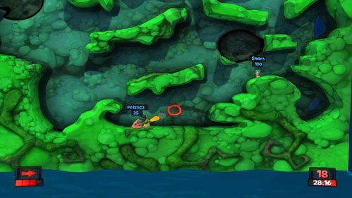 W trakcie tury Zwiadowcy strzelamy w Strażnika znajdującego się na talerzu, dzięki czemu z resztką życia spadnie on na ziemie przyblokowany talerzem - Kompost | Strach (Kampania) | Worms Revolution - Worms: Revolution - poradnik do gry