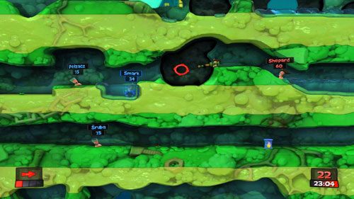 Robali znajdujących się w przejściu do niższego tunelu zabijamy w dowolny sposób - oszczędźmy jednak Dynamit oraz Owcę - Pora koszenia | Strach (Kampania) | Worms Revolution - Worms: Revolution - poradnik do gry