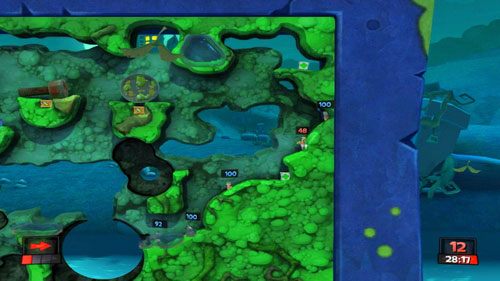 Trzeci ruch warto wykonać przy pomocy Zwiadowcy, gdyż posiada on więcej paliwa w Plecaku odrzutowym - Kwiatki od spodu | Strach (Kampania) | Worms Revolution - Worms: Revolution - poradnik do gry