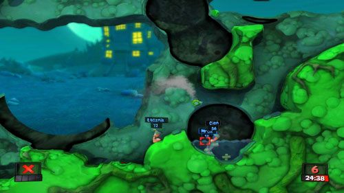 Korzystając z Wyboru robala wybierzmy ponownie Zwiadowcę by dostać się do kolejnej skrzynki ze zdrowiem u szczytu mapy, a następnie dolecieć do skrzynek (musimy oszczędzać paliwo) - Kwiatki od spodu | Strach (Kampania) | Worms Revolution - Worms: Revolution - poradnik do gry