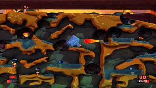 W trakcie kolejnych tur niszczymy wspomniane wcześniej zbiorniki wodne u podstawy używając Bazooki lub Granatu, dzięki czemu woda zaleje naszych przeciwników - Urodzony wojownik | Podwórko (Kampania) | Worms Revolution - Worms: Revolution - poradnik do gry