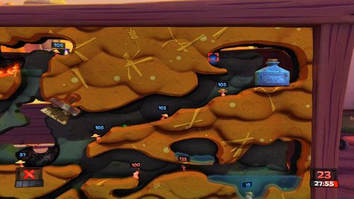 Dzięki zebranej skrzynce z Teleportem możemy przenieść się w prawy górny róg mapy [ilustracja] za pomocą Żołnierza lub Strażnika, a następnie strzałem z Bazooki zniszczyć naczynie - Spokój mi tu! | Podwórko (Kampania) | Worms Revolution - Worms: Revolution - poradnik do gry