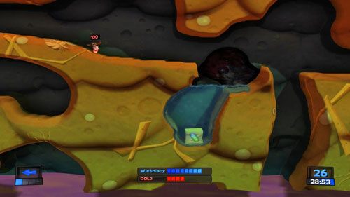 Przy pomocy Bazooki odblokujmy wejście do zbiornika wodnego, w którym to znajduje się skrzynka Pocisk z naprowadzaniem [ilustracja] - Podwórkowa bójka | Podwórko (Kampania) | Worms Revolution - Worms: Revolution - poradnik do gry