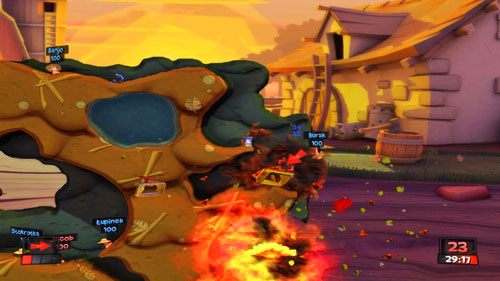 W trakcie drugiego ruchu zabijamy jednego z Naukowców za pomocą Ataku z powietrza [ilustracja] - jest to o tyle ważne, że w późniejszych turach byłoby się do niego bardzo trudno dostać - Walka wzywa! | Podwórko (Kampania) | Worms Revolution - Worms: Revolution - poradnik do gry