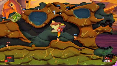 Czwartą turę wykonujemy Żołnierzem lub Strażnikiem - celując w sufit jaskini z Bazooki [1] - Walka wzywa! | Podwórko (Kampania) | Worms Revolution - Worms: Revolution - poradnik do gry