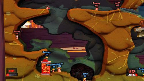 Ostatnim z naszych robali spuszczamy Dynamit tak, by spadł koło pojemnika z benzyną i zgromadzonych wokół niego robali [ilustracja] - Zbierz plony | Podwórko (Kampania) | Worms Revolution - Worms: Revolution - poradnik do gry