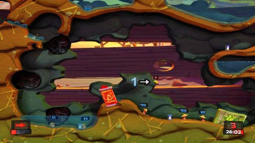 Przy pomocy Zwiadowcy (użyjmy Wyboru robala) zbieramy skrzynkę z Bombą bananową i niszczymy ścianę zbiornika wodnego strzałem z Bazooki - Zbierz plony | Podwórko (Kampania) | Worms Revolution - Worms: Revolution - poradnik do gry