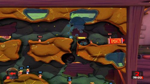 W następnej kolejności niszczymy zbiorniki wodne nad nami tak, by woda spływała bezpośrednio w dół szybów - Kosiarz | Podwórko (Kampania) | Worms Revolution - Worms: Revolution - poradnik do gry