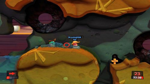 Gdy na niższym poziomie zostanie już tylko kilku przeciwników, możemy do nich zejść - Kosiarz | Podwórko (Kampania) | Worms Revolution - Worms: Revolution - poradnik do gry