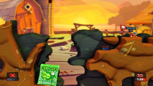 Ostatnią misję rozpoczynamy od przewrócenia pojemnika z benzyną, dzięki czemu będziemy mogli przejść dalej i zebrać skrzynkę z Kijem bejsbolowym - Boss - Stary Boggy B | Podwórko (Kampania) | Worms Revolution - Worms: Revolution - poradnik do gry