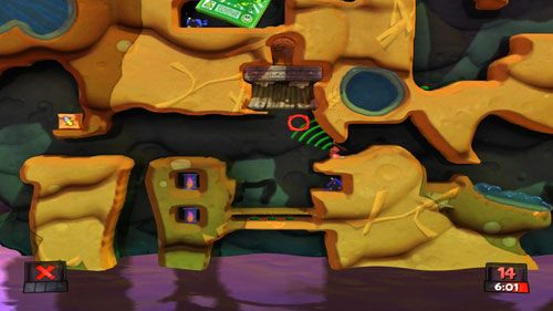 Dzięki zebranej w skrzynce Telekinezie, przemieszczamy pędzel tak, by móc po nim bezpiecznie przejść (poza zasięgiem Działka strażniczego) - Boss - Stary Boggy B | Podwórko (Kampania) | Worms Revolution - Worms: Revolution - poradnik do gry