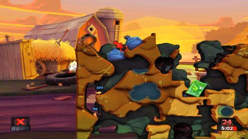 Ważnym jest, byśmy przypadkiem nie zeskoczyli z półki skalnej przed zakończeniem ruchu, gdyż wtedy zginiemy - Boss - Stary Boggy B | Podwórko (Kampania) | Worms Revolution - Worms: Revolution - poradnik do gry