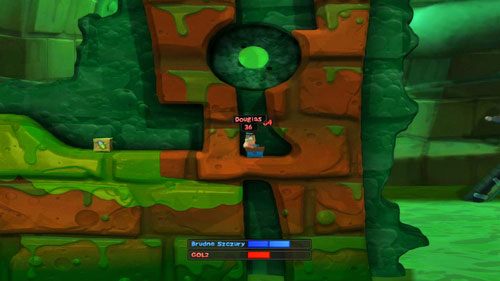 Po zebraniu Miny, postawmy ją w dole a następnie poczekajmy na jej detonację - Kanał ściekowy | Łamigłówki | Worms Revolution - Worms: Revolution - poradnik do gry