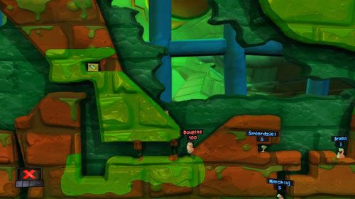 Dzięki zwiększonej sile, Strażnik bez trudu przebije się przez dwa mury stojące nam na drodze - Kanał ściekowy | Łamigłówki | Worms Revolution - Worms: Revolution - poradnik do gry