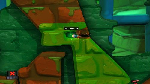 Pamiętając, by ponownie użyć Spadochronu, docieramy do miejsca, gdzie znajduje się Strażnik - Kanał ściekowy | Łamigłówki | Worms Revolution - Worms: Revolution - poradnik do gry