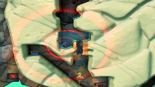 Ostatnim ruchem, który musimy wykonać, jest przewiercenie się przy pomocy Młota pneumatycznego w dół - Plaża | Łamigłówki | Worms Revolution - Worms: Revolution - poradnik do gry