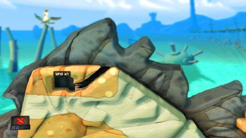 Gdy zbierzemy Palnik, przedostajemy się do komory po lewej [ilustracja], gdzie znajdziemy skrzynię z UFO - Plaża | Łamigłówki | Worms Revolution - Worms: Revolution - poradnik do gry