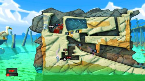 W tym celu we wskazanym miejscu [1] stawiamy Odpływ - Plaża | Łamigłówki | Worms Revolution - Worms: Revolution - poradnik do gry