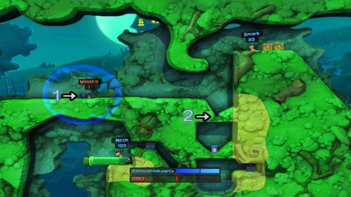 Korzystając z zebranego Elektromagnesu [1], używając opcji odpychaj, pozbywamy się Miny, która wyląduje w dziurze [2] - Strach | Łamigłówki | Worms Revolution - Worms: Revolution - poradnik do gry