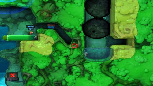 By dostać się na dół, skorzystajmy z Pistoletu na wodę - wypełniwszy dno wodą, będziemy wstanie zeskoczyć w dół bez utraty życia - Strach | Łamigłówki | Worms Revolution - Worms: Revolution - poradnik do gry