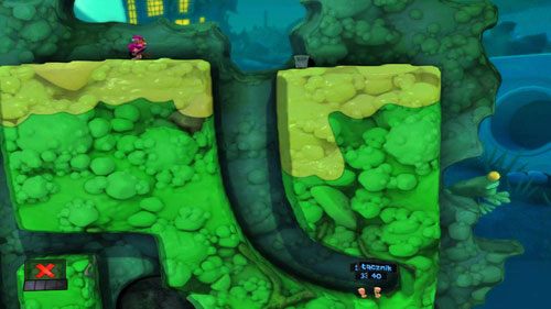 Stając we wskazanym miejscu Zwiadowcą, odpalamy Staruszkę [ilustracja] - Strach | Łamigłówki | Worms Revolution - Worms: Revolution - poradnik do gry