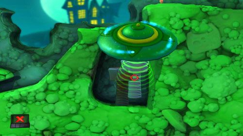 Na wstępie, korzystając z UFO, przestawiamy śrubkę w okolicę zbiornika wodnego tak, byśmy mogli go przewrócić, a następnie z jego główki dosięgnąć Nawijkę - Strach | Łamigłówki | Worms Revolution - Worms: Revolution - poradnik do gry