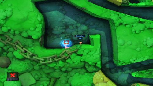 Wykorzystujemy Teleportację, wyznaczając jej cel jak powyżej [ilustracja] - Strach | Łamigłówki | Worms Revolution - Worms: Revolution - poradnik do gry