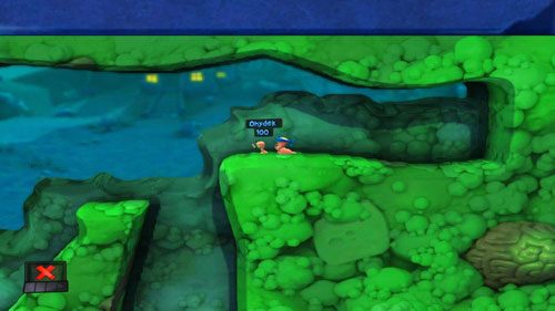 Kolejnej Teleportacji używamy by przemieścić się na półkę skalną, na której znajduje się Ohydek - Strach | Łamigłówki | Worms Revolution - Worms: Revolution - poradnik do gry