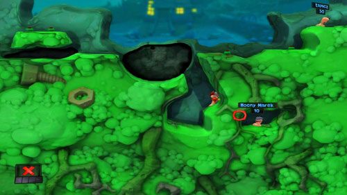 Następnie aktywujemy Minę, która blokuje nam drogę, po czym odskakujemy w lewo - Strach | Łamigłówki | Worms Revolution - Worms: Revolution - poradnik do gry