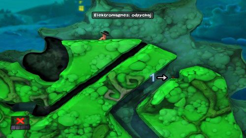 Pozostało nam ustawić nam Elektromagnes na opcję odpychaj, a następnie zrzucić go do szybu tak, by Mina [1] przeturlała się w kierunku przeciwnika - Strach | Łamigłówki | Worms Revolution - Worms: Revolution - poradnik do gry
