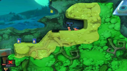 Następnego wroga, Łącznika, wyrzucamy w lewo za pomocą Smoczej kuli - Strach | Łamigłówki | Worms Revolution - Worms: Revolution - poradnik do gry