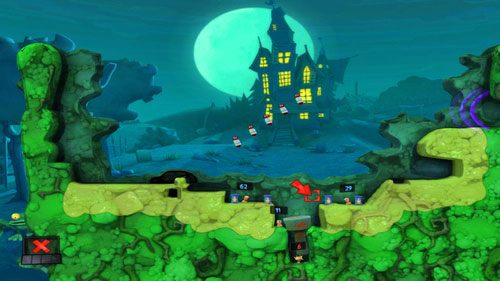 Mając wszystkich przeciwników w jednym miejscu, jednocześnie upewniwszy się, iż nasz towarzysz broni jest bezpieczny, naprowadzamy Atak z powietrza jak powyżej [ilustracja], po czym możemy przejść do ostatniego rozdziału łamigłówek - Strach | Łamigłówki | Worms Revolution - Worms: Revolution - poradnik do gry