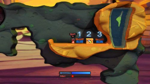 Będąc już na półce obok zbiornika wodnego, zbieramy skrzynki: Spadochron [1], Minę [2] i Telekinezę [3] - Podwórko | Łamigłówki | Worms Revolution - Worms: Revolution - poradnik do gry