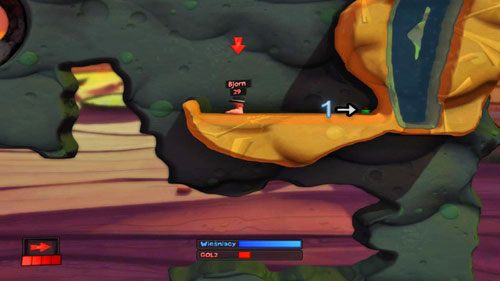 By tego dokonać stawiamy Minę we wskazanym miejscu [1], a następnie odsuwamy się w lewo - Podwórko | Łamigłówki | Worms Revolution - Worms: Revolution - poradnik do gry