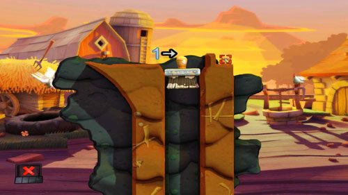 Po zebraniu skrzynki z Kijem bejsbolowym, wskakujemy na rączkę pędzla, dzięki czemu spadnie ona w dół - Podwórko | Łamigłówki | Worms Revolution - Worms: Revolution - poradnik do gry