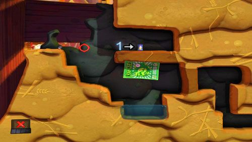 Po zebraniu skrzynki z Uzi, celujemy w beczkę z benzyną [1], dzięki czemu zorganizujemy sobie most - Podwórko | Łamigłówki | Worms Revolution - Worms: Revolution - poradnik do gry