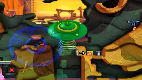 Korzystając z UFO przenosimy jedną z Belek we wskazane miejsce [ilustracja], po czym ruszamy po Bunkrołamacz [1] - Podwórko | Łamigłówki | Worms Revolution - Worms: Revolution - poradnik do gry