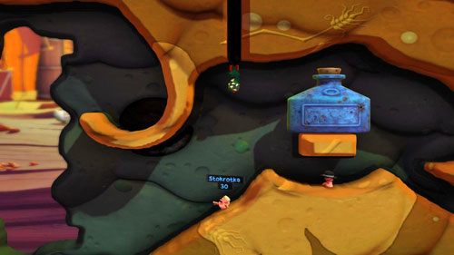 Celując Bunkrołamaczem jak wyżej [ilustracja], będziemy w stanie pozbyć się Stokrotki - Podwórko | Łamigłówki | Worms Revolution - Worms: Revolution - poradnik do gry