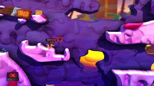 Następnie za pomocą Kija bejsbolowego wybijamy naszego towarzysza w prawo (również mierząc najwyżej jak się da) - Wszystkie atrakcje wesołego miasteczka! | Łamigłówki | Worms Revolution - Worms: Revolution - poradnik do gry