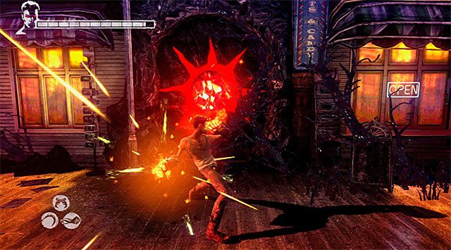 SEKRETNE POMIESZCZENIE: Jeżeli powtarzasz tę misję i dysponujesz już pozyskanymi w szóstym etapie rękawicami Eryx, to możesz użyć ich do zniszczenia pokazanego na powyższym screenie fragmentu ściany - Przeprawa przez pierwszą część lunaparku | 1 - Found (Odnaleziony) - DMC: Devil May Cry - poradnik do gry