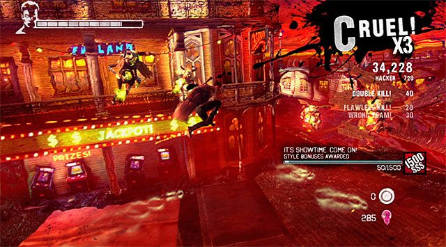 Wyrusz dalej, doprowadzając po chwili do rozpoczęcia kolejnej bitwy z potworami - Przeprawa przez pierwszą część lunaparku | 1 - Found (Odnaleziony) - DMC: Devil May Cry - poradnik do gry